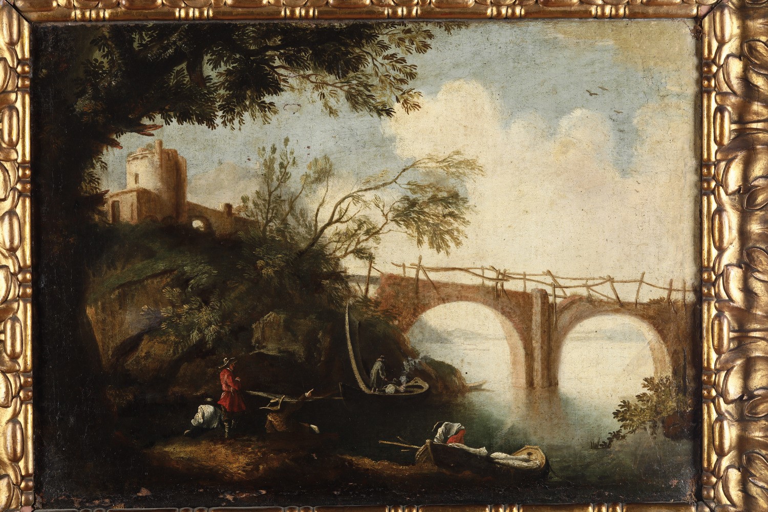 Scuola Veneta del XVIII Secolo Paesaggio con Figure in Riva al Fiume