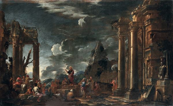 Giovanni Ghisolfi - Capriccio con architetture e la predica del Battista