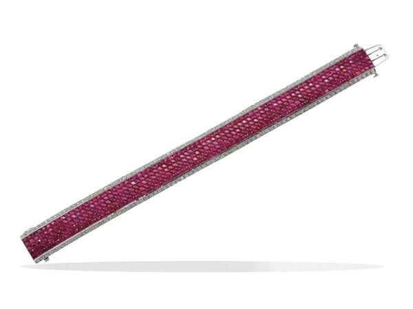 Ruby, diamond and gold bracelet. Ruby is heated