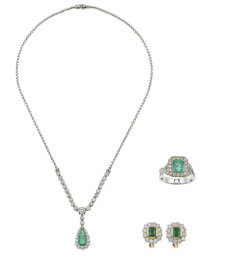 Parure composta da girocollo, anello ed orecchini con smeraldi e diamanti  - Asta Vintage Jewellery - Cambi Casa d'Aste