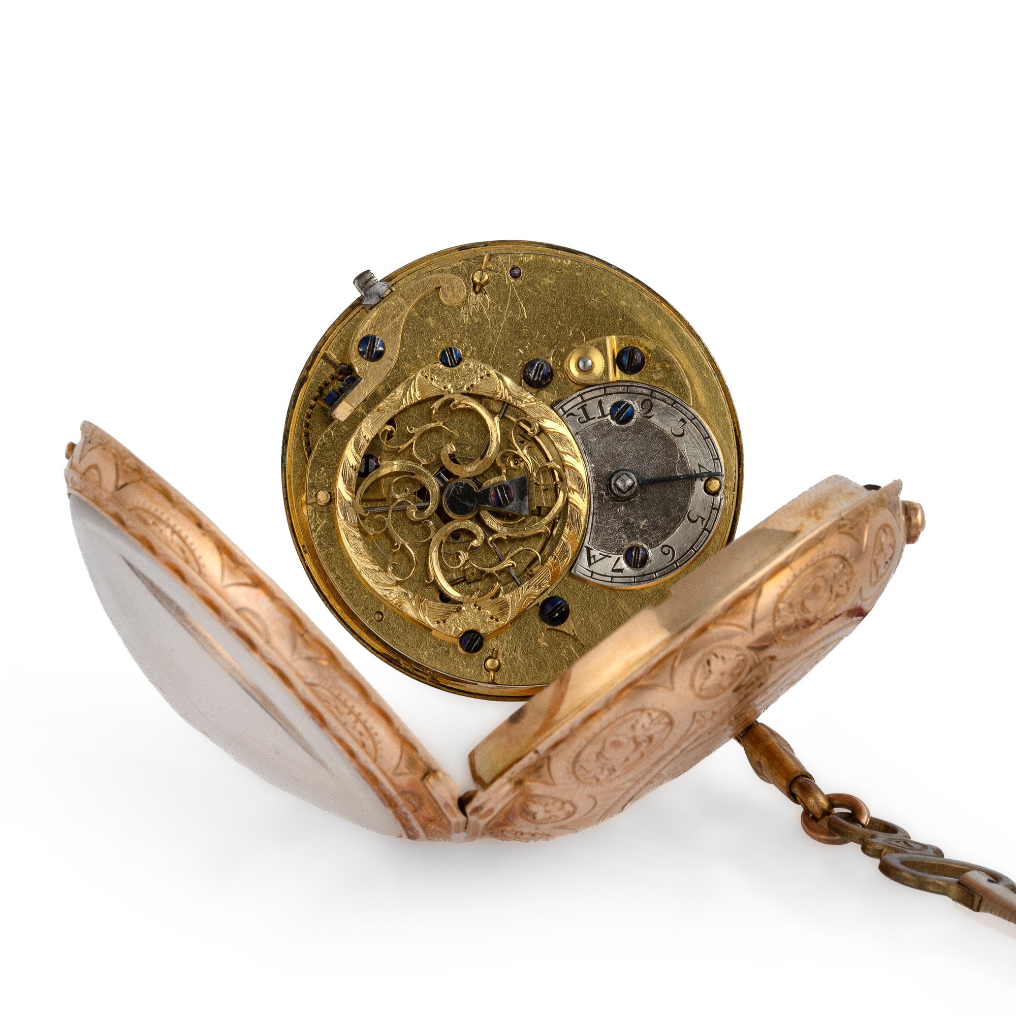Orologio da tasca, cassa in oro giallo 14k decorata, quadrante in smalto bianco, lancette stile L...