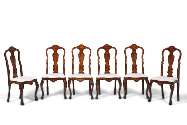 Gruppo di sei sedie lastronate e intarsiate, schienale a cartella sagomata, XIX-XX secolo