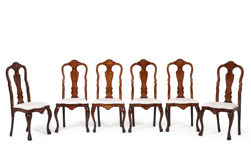 Gruppo di sei sedie lastronate e intarsiate, XIX-XX secolo  - Auction Antiques - Cambi Casa d'Aste