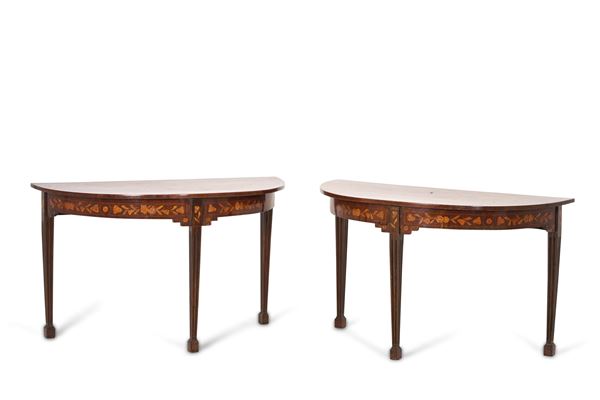 Due mezzi tavoli lastronati e intarsiati, XIX-XX secolo
