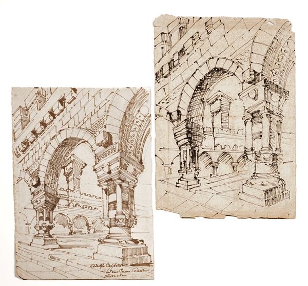 Due chine su carta firmate Coppedè raffiguranti Castello Meckenzie