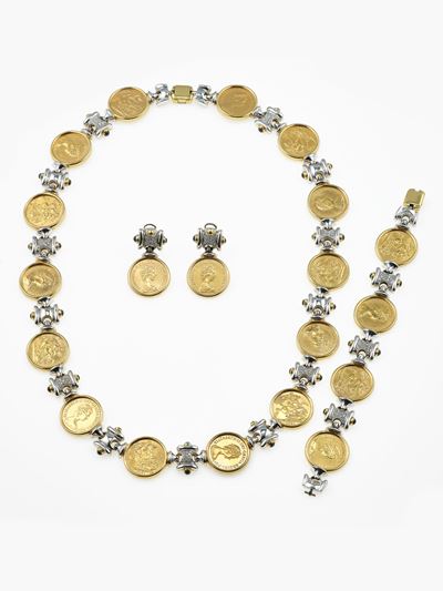 Parure di gioielli, girocollo, bracciale e orecchini in oro 750/1000 con sterline, diamanti e zaf...