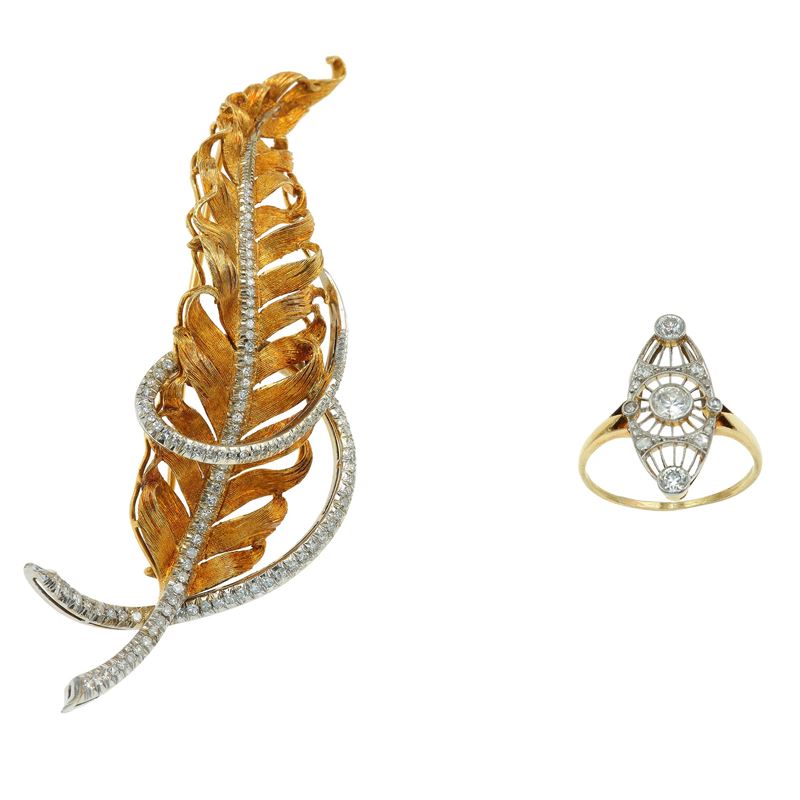 Spilla "foglia" con diamanti taglio huit-huit ed anello con diamanti di vecchio taglio  - Asta Vintage Jewellery - Cambi Casa d'Aste