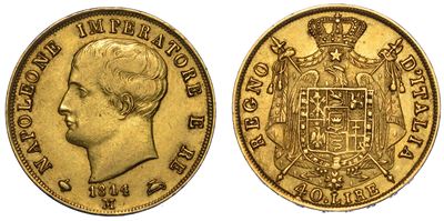 Milano. Napoleone I, 1805-1814. 40 Lire 1814 (II Tipo, Puntali Sagomati).