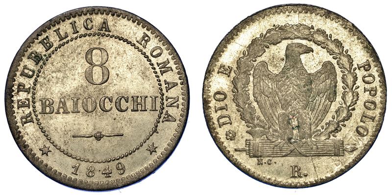 ROMA. SECONDA REPUBBLICA ROMANA, 1848-1849. 8 Baiocchi 1849.  - Asta Numismatica - Cambi Casa d'Aste
