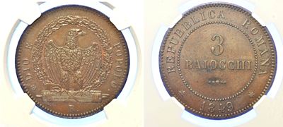 Roma. Seconda Repubblica Romana, 1848-1849. 3 Baiocchi 1849.