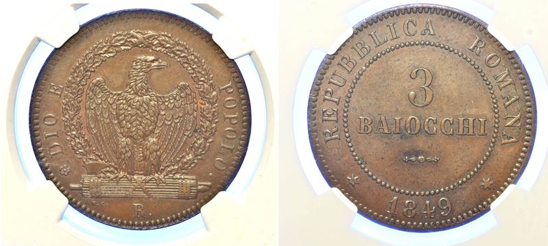 ROMA. SECONDA REPUBBLICA ROMANA, 1848-1849. 3 Baiocchi 1849.  - Auction Numismatics - Cambi Casa d'Aste