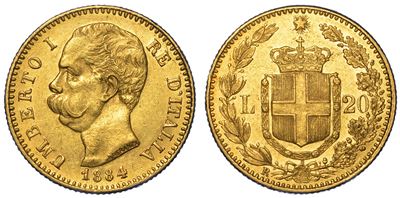 Regno D'italia. Umberto i di Savoia, 1878-1900. 20 Lire 1884.