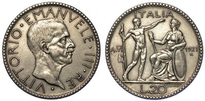 Regno D'italia. Vittorio Emanuele III di Savoia, 1900-1946. 20 Lire 1927/a. Vi. Littore.