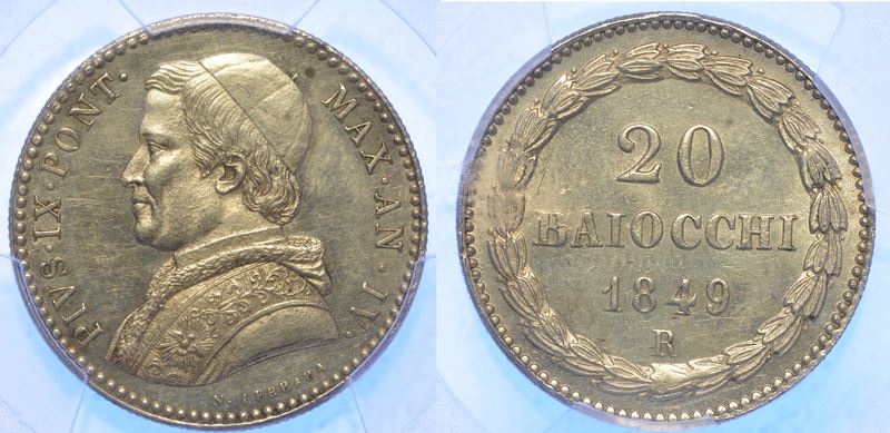 STATO PONTIFICIO. PIO IX, 1846-1878. 20 Baiocchi 1849/A. IV.  - Auction Numismatics - Cambi Casa d'Aste