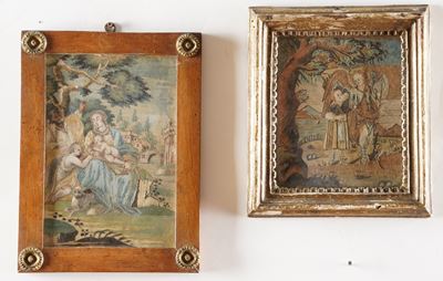 Due Piccoli Dipinti con Parti Ricamate, XIX Secolo Raffiguranti Scene Sacre. uno CM 22x15 L'altro...