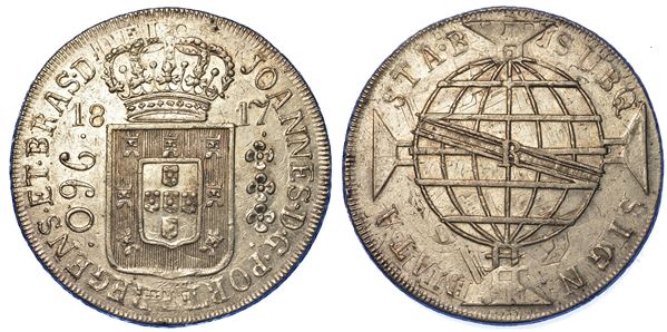 BRASILE. JOAO VI, 1816-1826. 960 Reis 1817 ribattuto su 8 reales spagnolo. Rio de Janeiro.