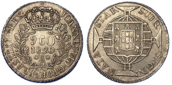 BRASILE. JOAO VI, 1816-1826. 960 Reis 1820 ribattuto su 8 reales spagnolo. Rio de Janeiro.