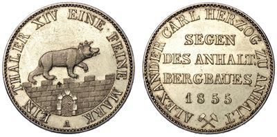 Germania - Anhalt. Alexander Carl, 1834-1863. Thaler 1855.
