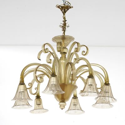 Lampadario a Otto Luci in Vetro di Murano. XX Secolo