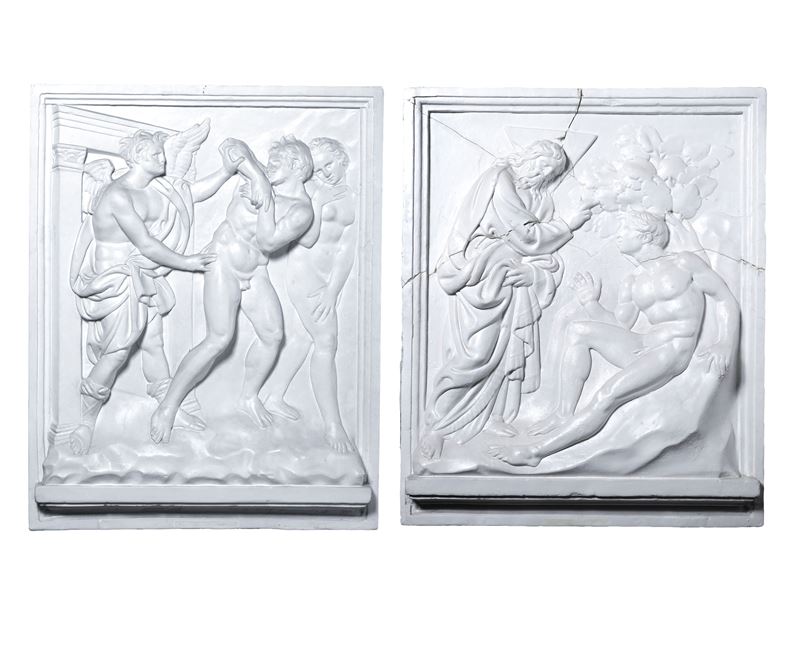 Coppia di formelle ad altorilievo in gesso raffiguranti Creazione di Adamo e Cacciata dal Paradiso terrestre, fine XIX secolo  - Asta Scultura antica e del XIX secolo - Cambi Casa d'Aste