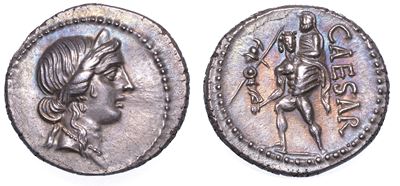 Julia. Julius Caesar, + 44 A. C. Denario, Anni 47-46. Africa.