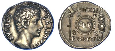 Ottaviano Augusto, 27 a.C. - 14 D.C. Denario, Anno 19. Colonia Patricia.