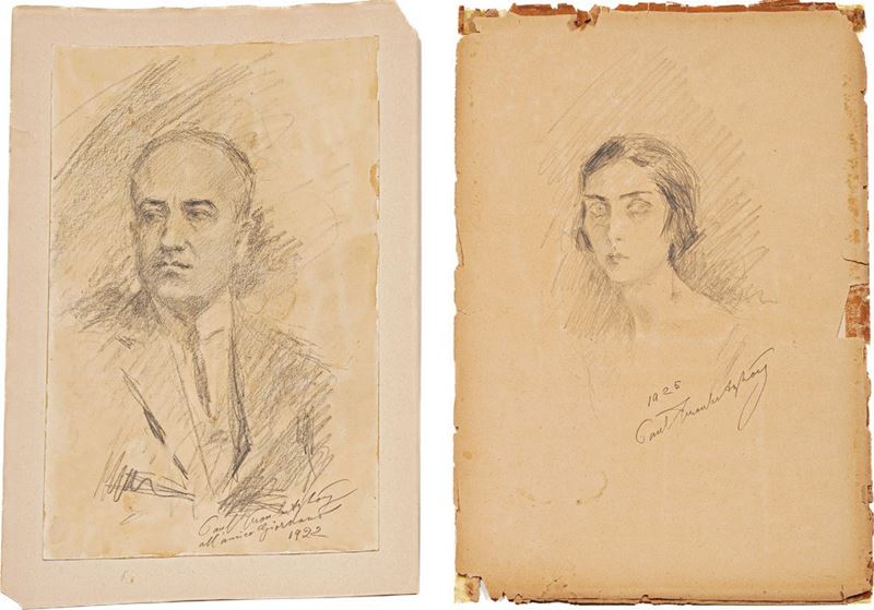 Paolo Troubetzkoy  (Intra 15 febbraio 1866 – Pallanza, 12 febbraio 1938).   Ritratto di Umberto Giordano e della moglie.. 1922-1925  - Auction Prints, Views and Maps - Cambi Casa d'Aste