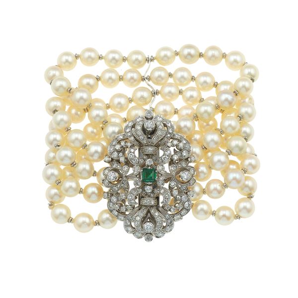 Cultured pearl, diamond, emerald and gold bracelet