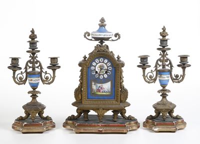 Trittico da Camino in Bronzo Dorato e Porcellana Policroma, XIX-XX Secolo
