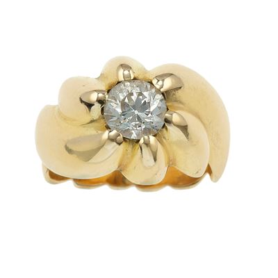 Anello in oro giallo 750/1000 con diamante di vecchio taglio, ct 0,90 circa