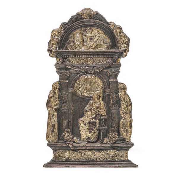 Placchetta architettonica con raffigurazione di Madonna con Bambino e Santi. Arte rinascimentale, Italia del nord XV-XVI secolo
