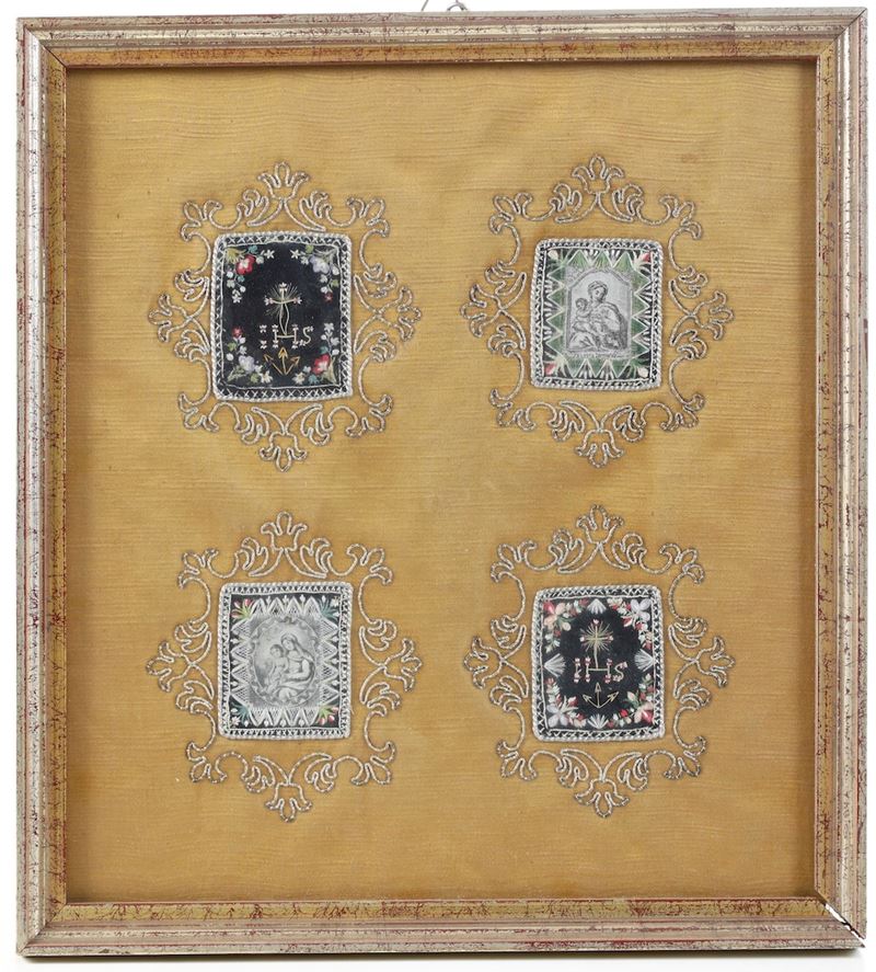 Tessuto con quattro piccoli ricami religiosi  - Auction Antique - Cambi Casa d'Aste
