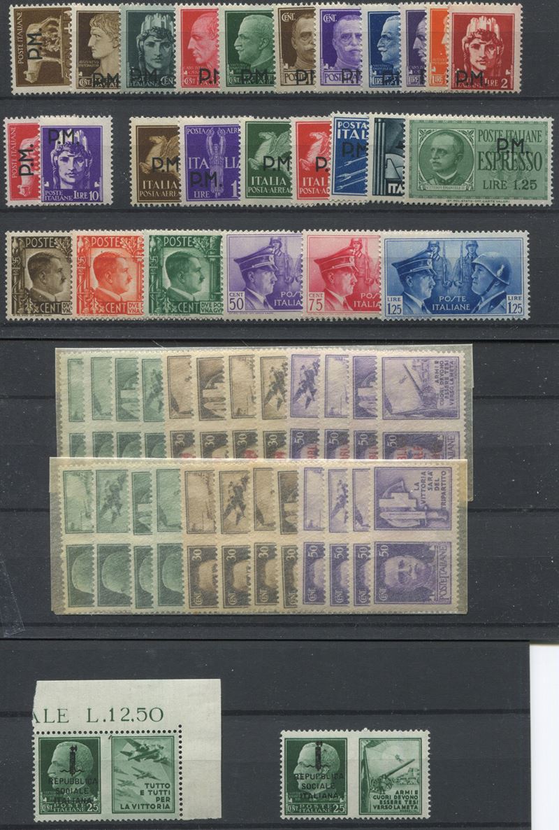 1942, "Fratellanza" 6 valori (S.452/457); Sopr. "P.M." (S. 1/20); Propaganda di Guerra  - Auction Postal History and Philately - Cambi Casa d'Aste