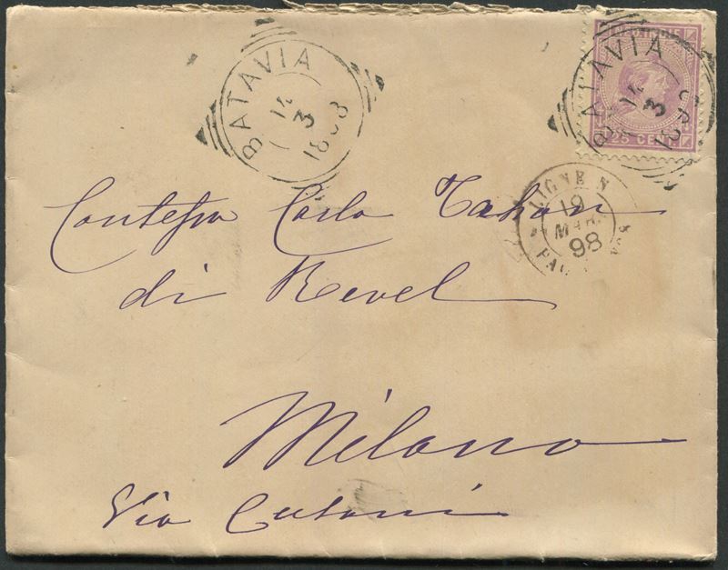 1898, Indie Olandesi, busta da Batavia per Milano del 14 marzo  - Auction Postal History and Philately - Cambi Casa d'Aste