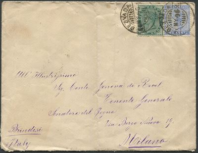 1896, India, Busta Affrancata con 1/2 Anna e Due Anna di India (s.g. 33, 37).