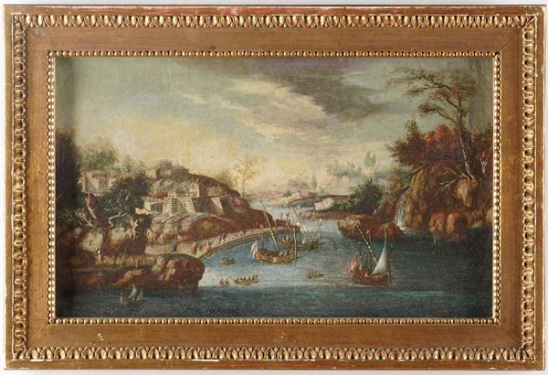 Scuola fiamminga del XVII secolo Paesaggio fluviale con imbarcazioni