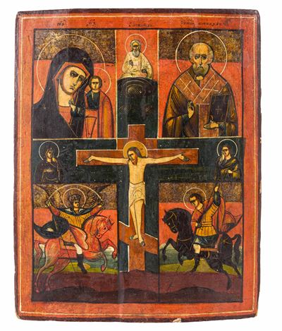 Icona della Crocifissione con Madonna e Santi, area balcanica, XIX-XX secolo