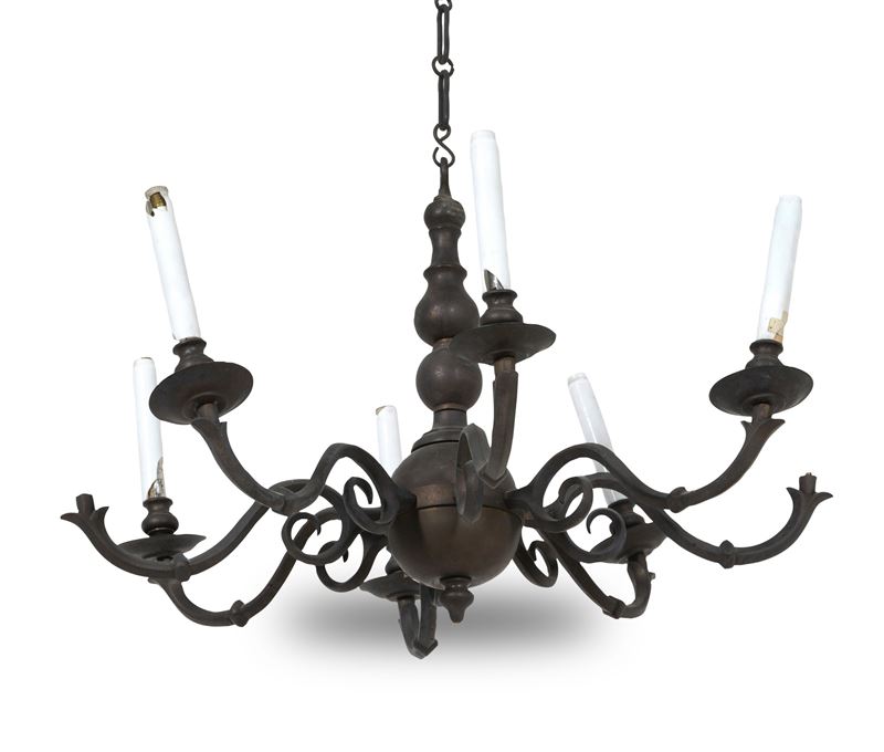 Lampadario olandese a sei luci in metallo. XX secolo  - Auction Antique - Cambi Casa d'Aste