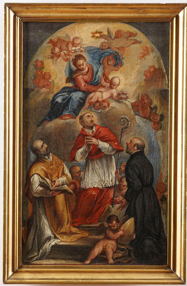 Scuola veneta del XVIII secolo La Vergine con il Bambino appare a San Carlo Borromeo, San Filippo Neri e San Francesco