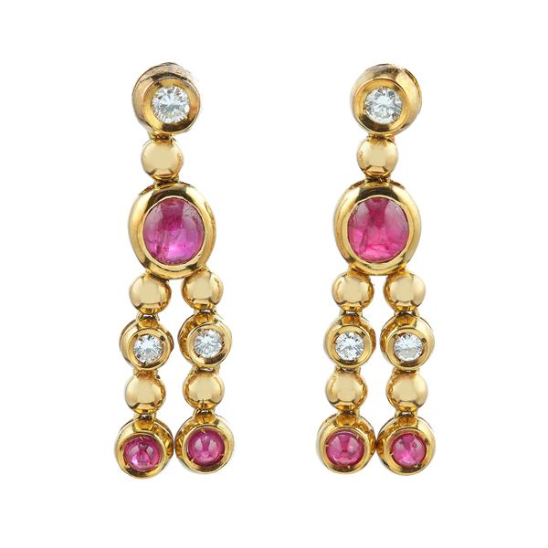 Pair of gold, diamond and ruby earrings