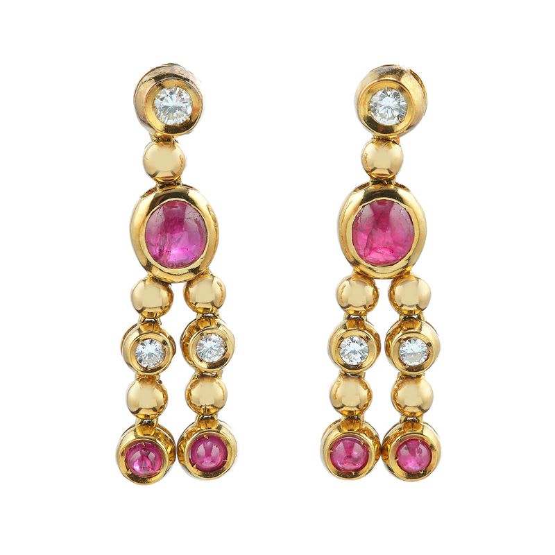 Pair of gold, diamond and ruby earrings  - Auction Jewels - Cambi Casa d'Aste