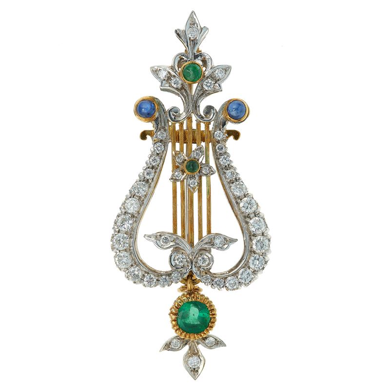 Diamond, emerald and sapphire brooch  - Auction Vintage Jewellery - Cambi Casa d'Aste
