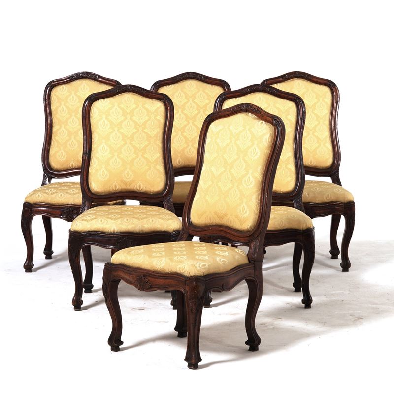 Sei sedie in noce intagliato, Genova, XVIII secolo  - Auction Antique - Cambi Casa d'Aste