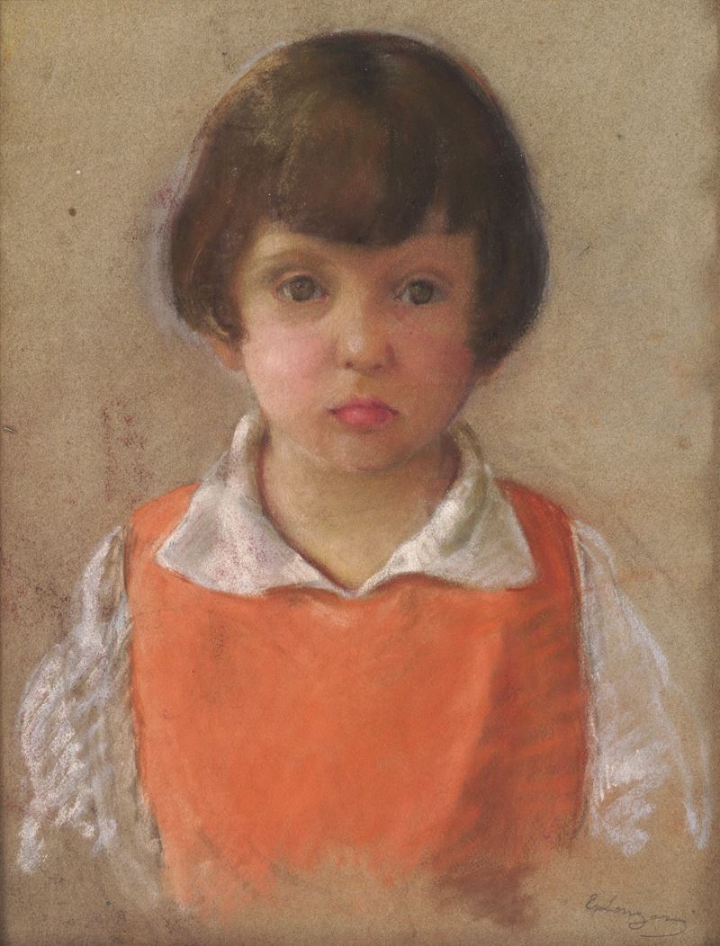 Emilio Longoni : Ritratto infantile (1910 ca.)  - Pastelli e tempera su carta - Asta Dipinti del XIX e XX secolo - Cambi Casa d'Aste