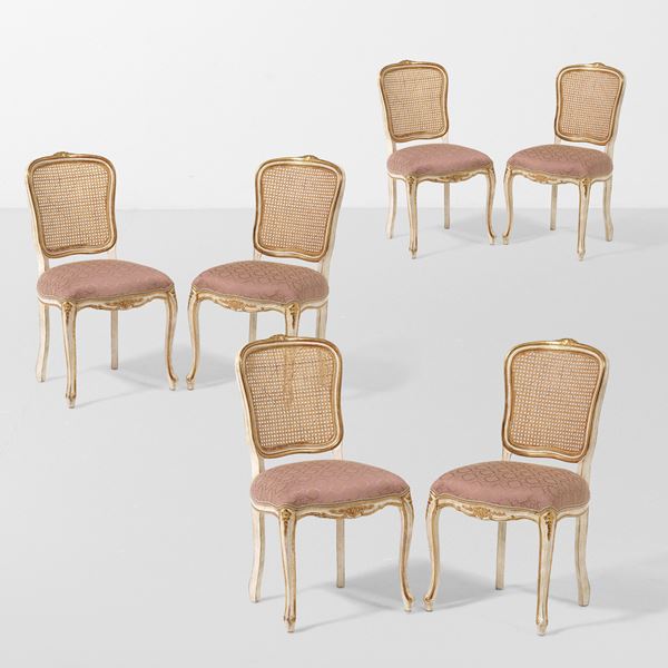 6 sedie modello Vienna in legno intagliato e dipinto con spalliera in paglia