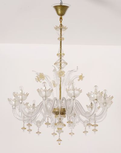 Lampadario a Dodici Braccia in Vetro di Murano Bianco e Oro