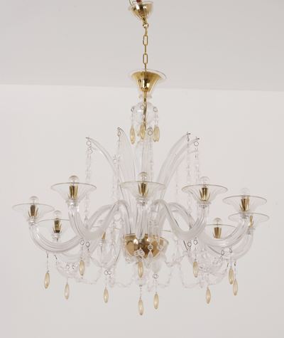 Lampadario a Dieci Braccia in Vetro di Murano Bianco e Oro