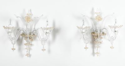 Coppia di Appliques in Vetro di Murano Bianco e Oro a Due Braccia
