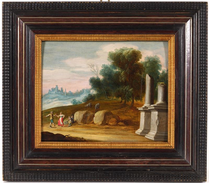 Gaspar de Witte : Paesaggio con contadini e rovine  - olio su tavoletta - Auction Old Masters - Cambi Casa d'Aste