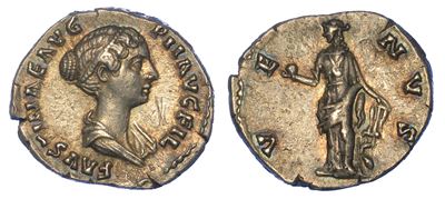 Faustina II, (figlia di Antonino Pio e Moglie di Marco Aurelio). Denario, Anni 152-153.
